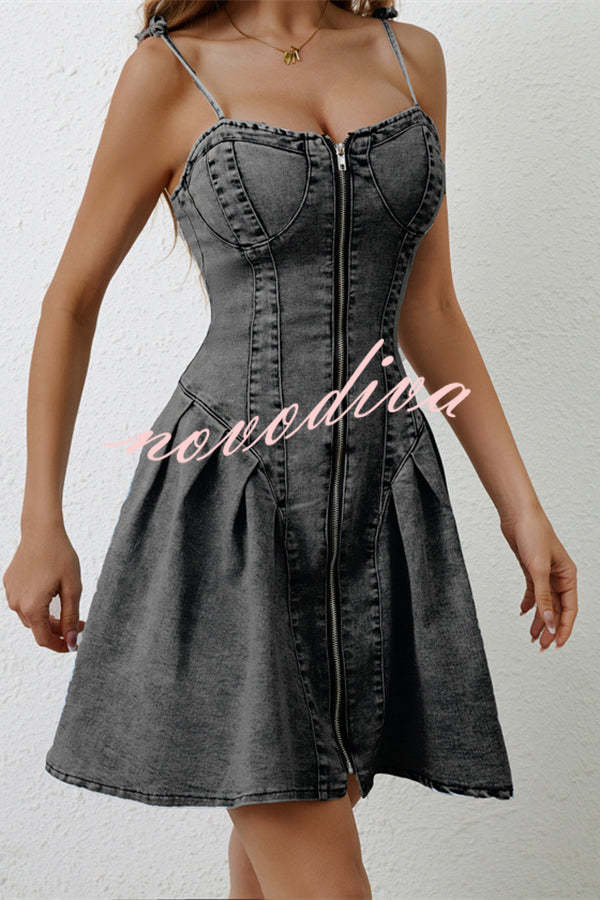 Fashionable Patchwork Suspender Zipper Slim Denim Mini Dress