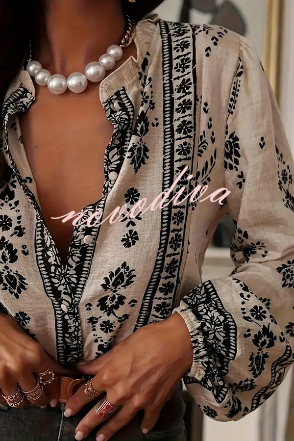Unique Print Long-Sleeved Button-Up Elegant Shirt