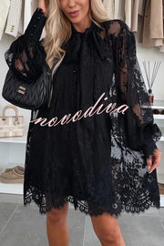 Night Rose Lace Bow Neck Long Balloon Sleeve A-line Mini Dress