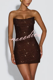 Lindsay Sequin Pleated Cowl Scooped Neckline Back Lace-up Strapless Mini Dress