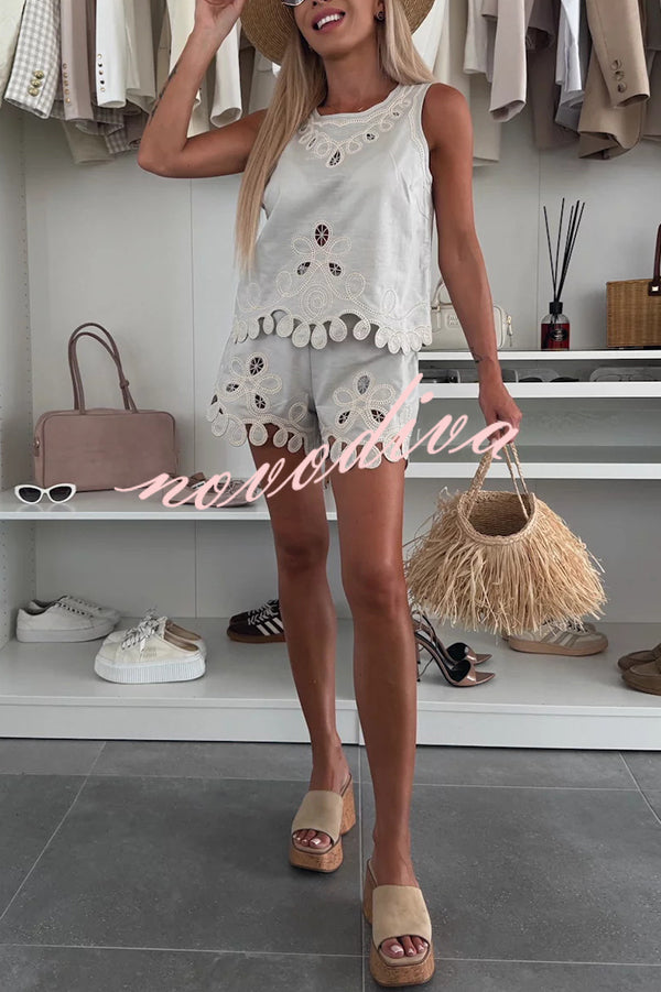Angie Embroidery Cut-out Sleeveless Top and Elastic Waist Loose Shorts Set