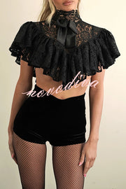 Avina Lace Bow Detail High Neck Cascading Ruffles Cropped Cape Top
