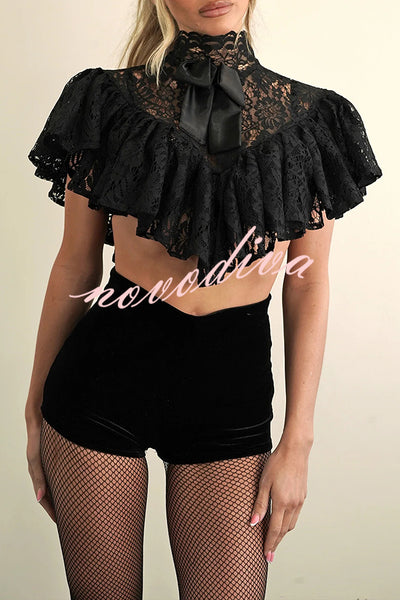 Avina Lace Bow Detail High Neck Cascading Ruffles Cropped Cape Top