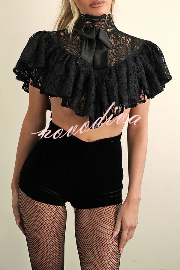 Avina Lace Bow Detail High Neck Cascading Ruffles Cropped Cape Top
