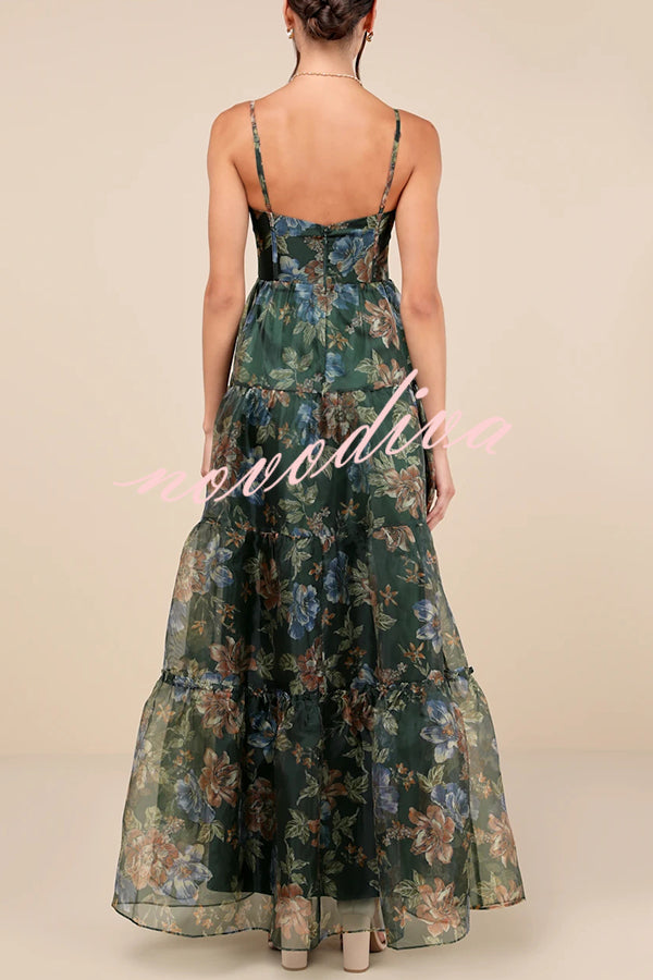 Exclusive Glamour Organza Floral Print Tiered Slip Maxi Dress