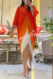 Fashionable Color-blocked Multi-layered Tassel Loose Midi Dress