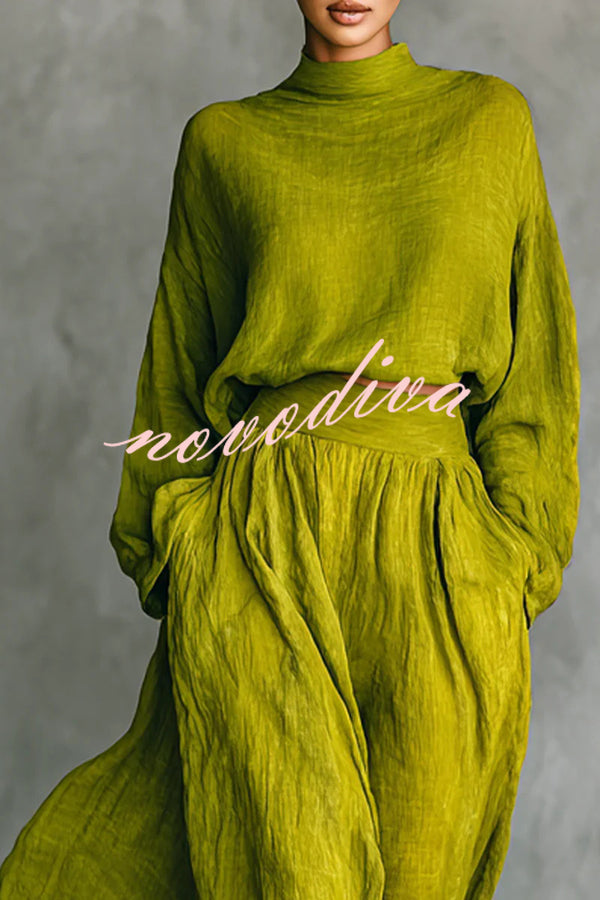 Linen Blend Solid Color Loose Long-sleeved Top and High-waisted Casual Pocket Maxi Skirt Set