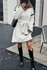 Stylish Loose-fitting Long-sleeved Tie-waist Knit Mini Dress