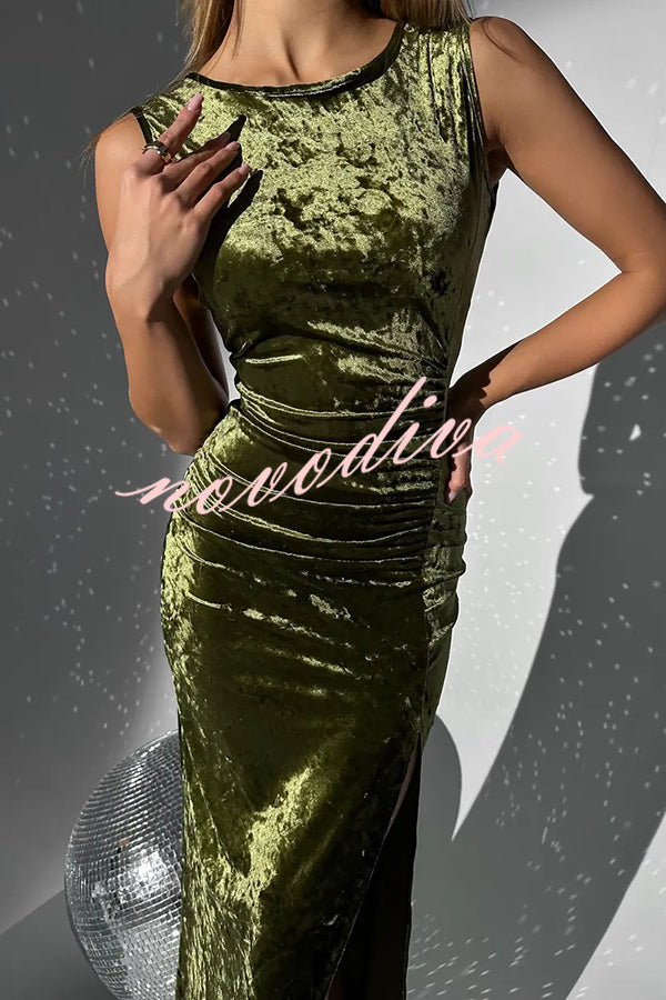 Solid Color Velvet Round Neck Sleeveless Slim Slit Maxi Dress