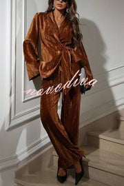 Solid Color Velvet Pleated Long-sleeved Tie Top and Casual Pocket Straight-leg Pants Set