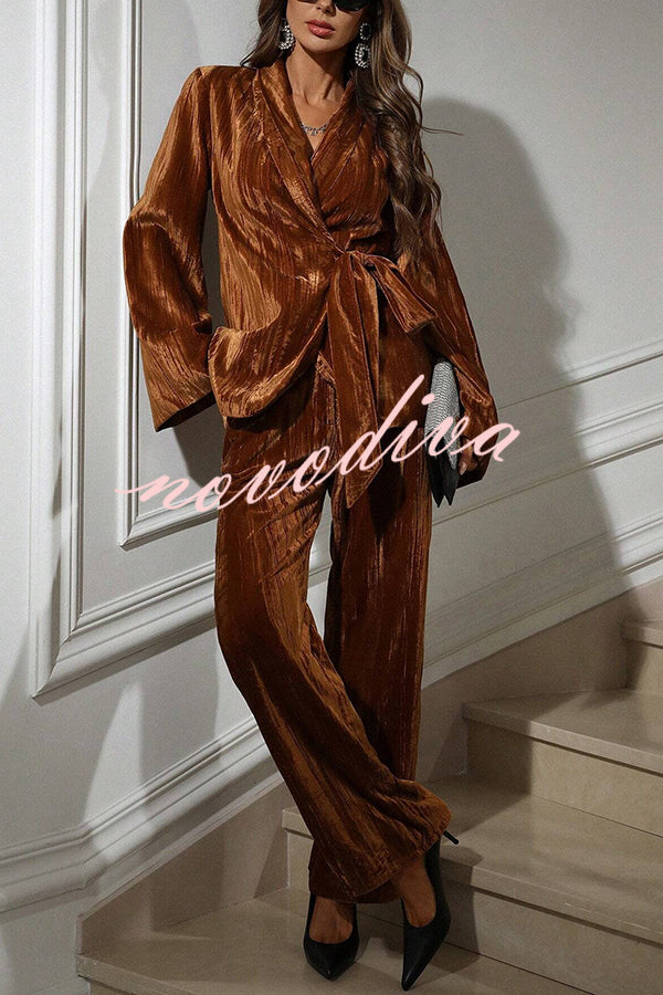 Solid Color Velvet Pleated Long-sleeved Tie Top and Casual Pocket Straight-leg Pants Set