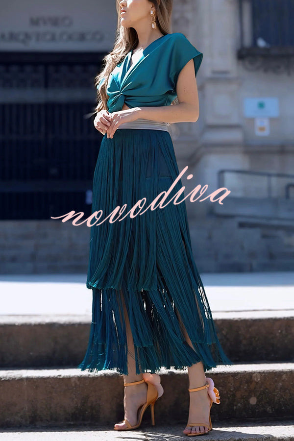 Elegant Tassel Hem Elastic Waist Casual Maxi Skirt