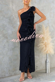 Fashion One-shoulder Pleated Sexy High Slit Slim Dress