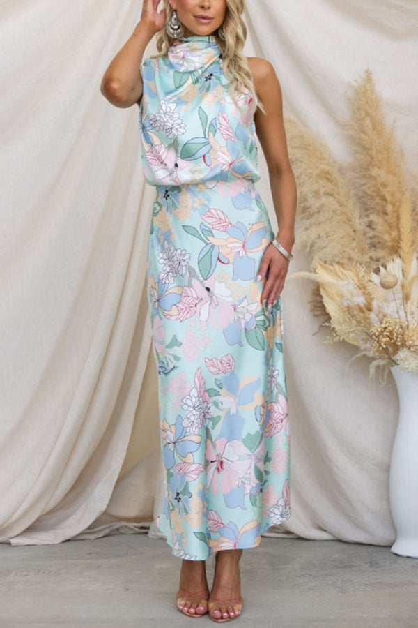 Love In The Garden Floral Halter Neck Elastic Waist Party Maxi Dress