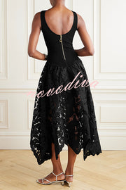 Atlas Asymmetric Ribbed-knit and Guipure Lace Back Zipper Midi Dress