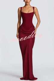 Larrah Square Neck Back Lace-up Satin Drape Hem Maxi Dress