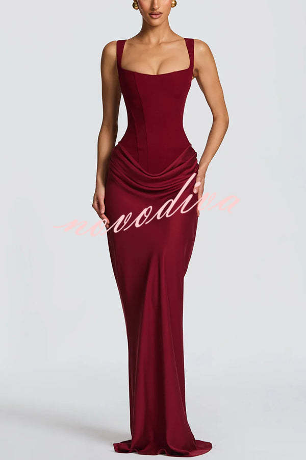 Larrah Square Neck Back Lace-up Satin Drape Hem Maxi Dress