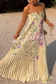 For Every Occasion Satin Pleated Floral Print V-wire Bandeau Neck Maxi Dress