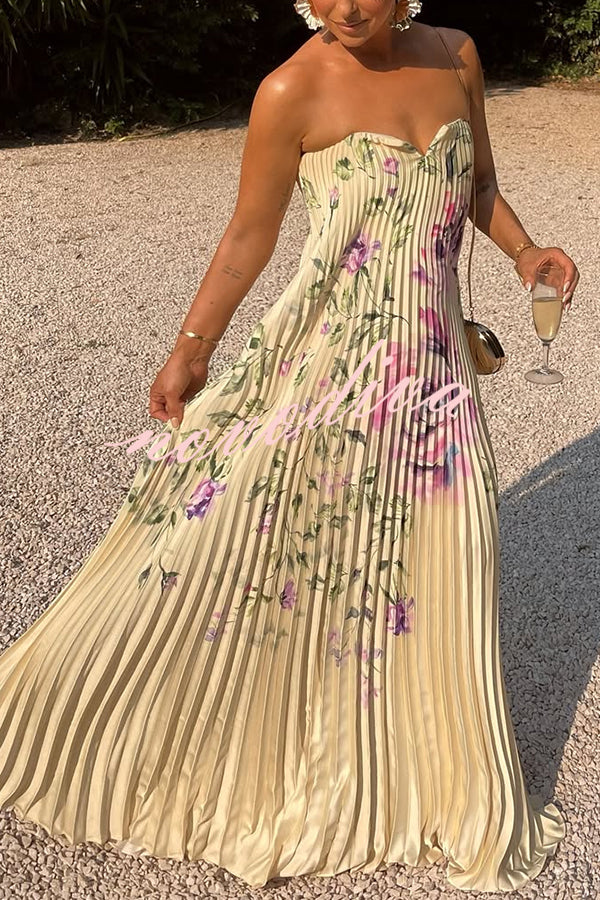 For Every Occasion Satin Pleated Floral Print V-wire Bandeau Neck Maxi Dress
