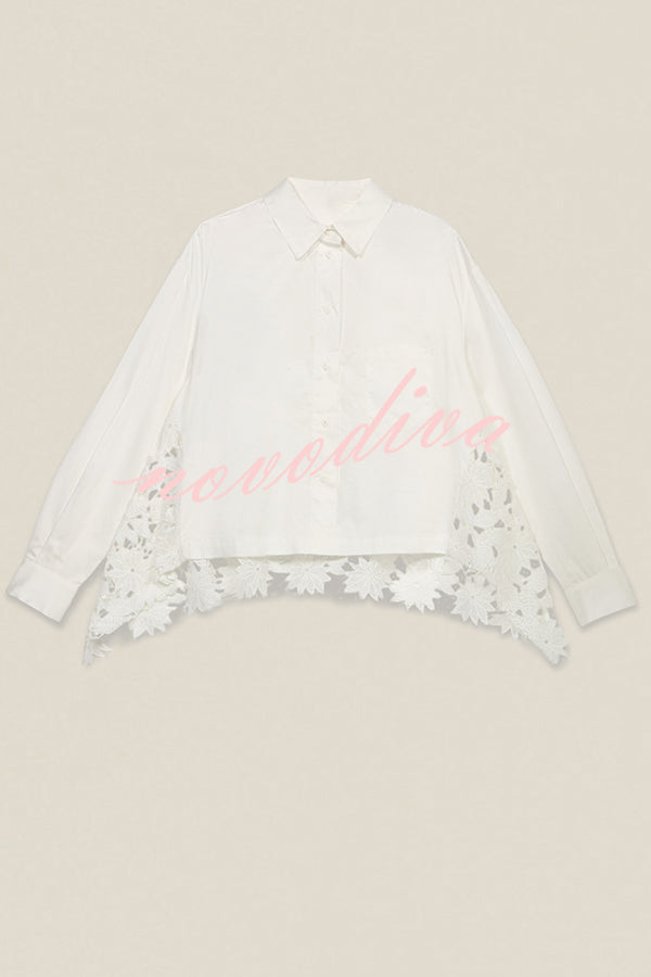 Daisy Long Sleeve Back Crochet Floral Lace A-line Blouse