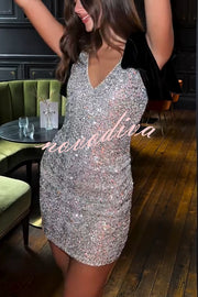 Sparkle and Elegance Sequin Velvet Bow Strap Detail V-neck Mini Dress