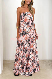 Unique Printed Sexy Strapless Backless Holiday Casual Maxi Dress