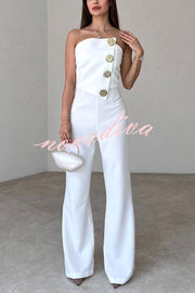 Solid Color Sexy Tube Top Gold Button Embellished Bootcut Jumpsuit