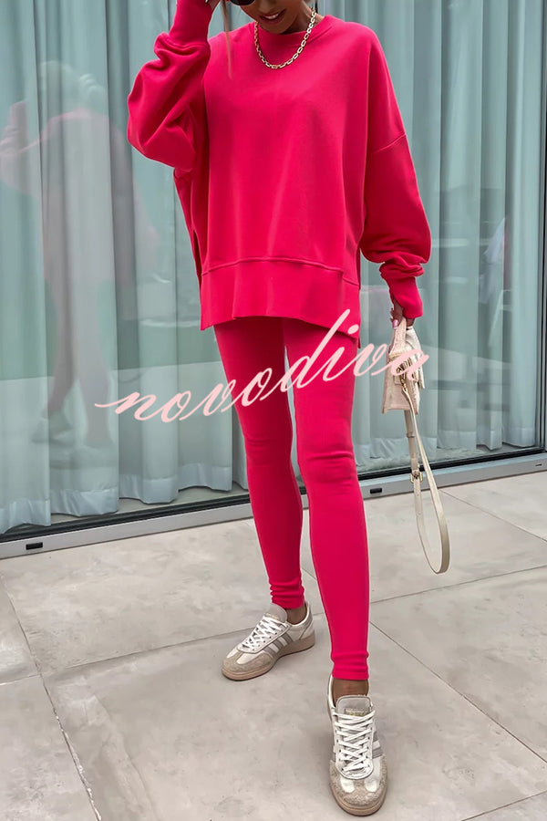 Solid Color Loose Long Sleeve SlitSweatshirt and Elastic Waist Tight Pants Set