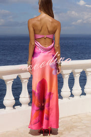 Floral Print Sexy Strapless Backless Holiday Maxi Dress