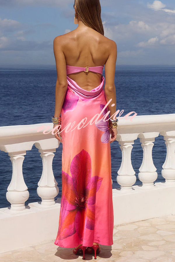 Floral Print Sexy Strapless Backless Holiday Maxi Dress
