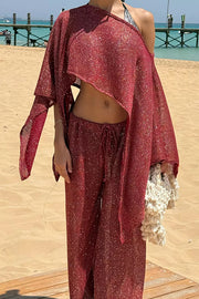 Vacation Knit Shiny Fabric Batwing Sleeve Cape Top and Cover-up Elastic Waist Loose Pants Set