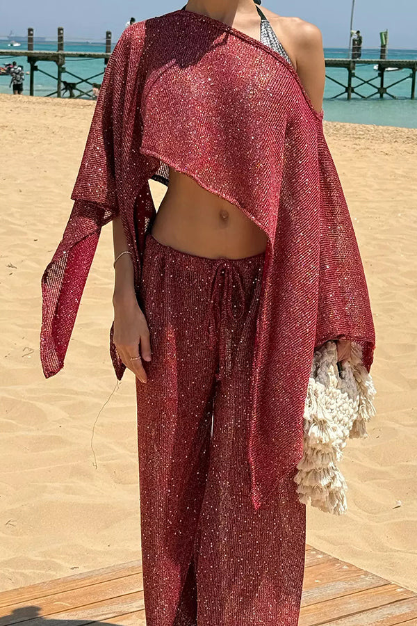 Vacation Knit Shiny Fabric Batwing Sleeve Cape Top and Cover-up Elastic Waist Loose Pants Set