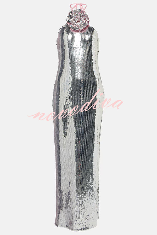 Moonlit Blooms Sequin Floral-appliqué Halter Neck Slit Gown Maxi Dress