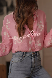 Floral Embroidery Long-Sleeved Button-Up Elegant Shirt