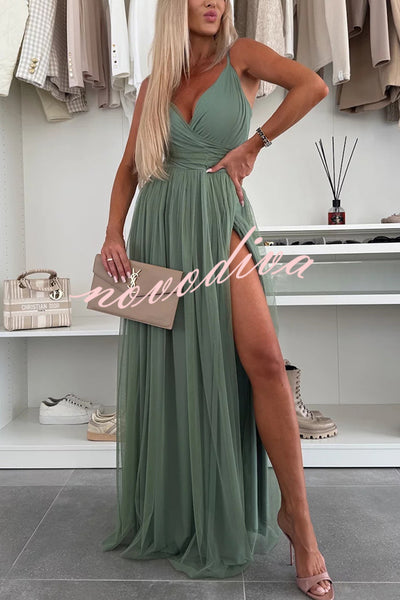 Solid Color Tulle Halter Back High Slit Maxi Dress