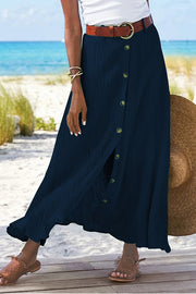 Soft Breeze Linen Blend Front Button Down Midi Skirt