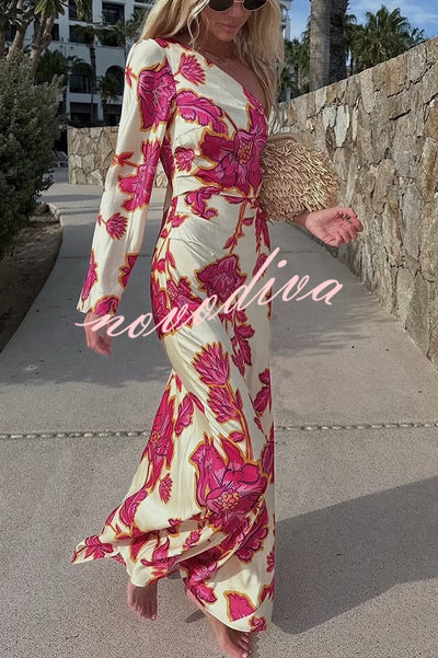 Rhia Satin Floral Print One Shoulder Flared Maxi Dress