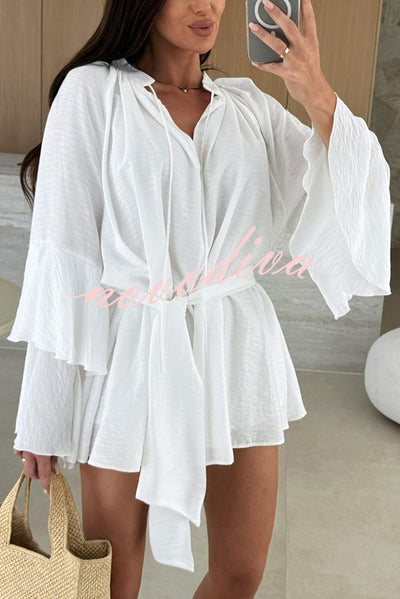 Solid Color V-neck Ruffled Long Sleeve Waist Tie Mini Dress