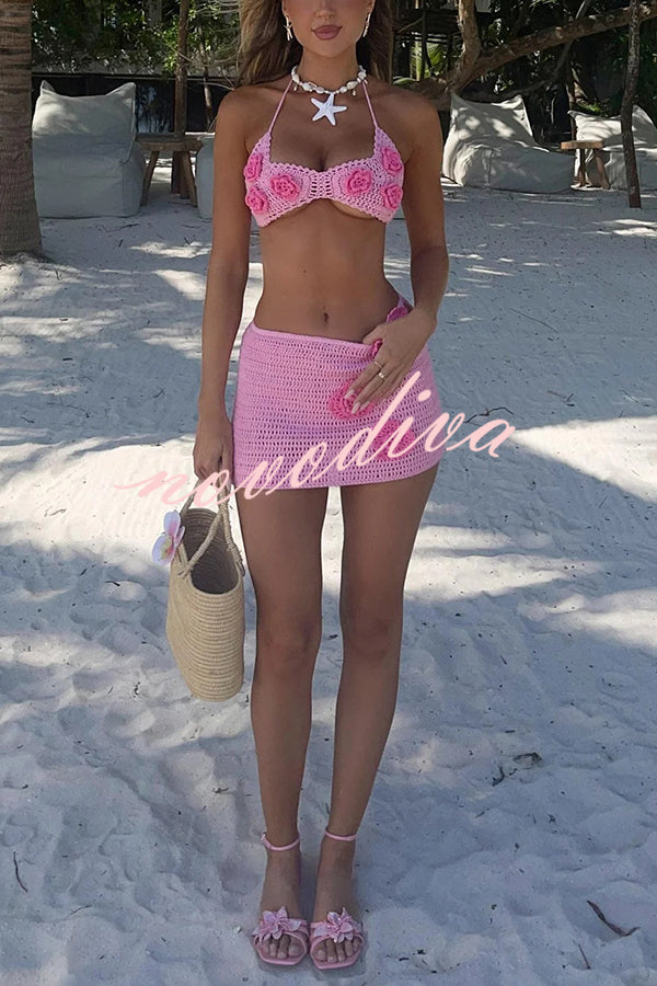Fashion Crochet Floral Sexy Halter Top and Knit Hollow Mini Skirt Set