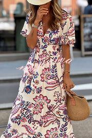 Unique Print V-Neck Waist Holiday Maxi Dress