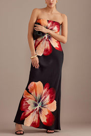 Charming Lady Satin Floral Print Bandeau Loose Maxi Dress