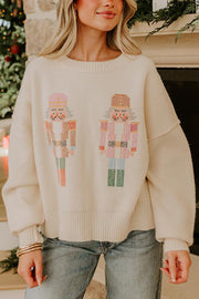 Nutcracker Nights Cross Stitch Knit Long Sleeve Loose Sweater