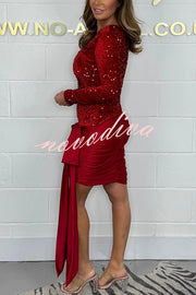 Alexia Velvet Sequin Shoulder Pad Bow Tie Ruched Detail Stretch Mini Dress