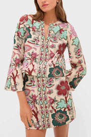 Autumn Garden Printed V-neck Long Bell Sleeve Top and Mid Rise Skirt Set