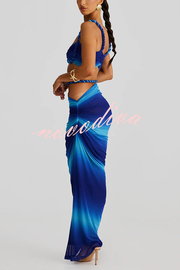 Sexy Halter Back Braided Suspender Top and Beach Holiday Style Hip-wrapped Maxi Skirt Set