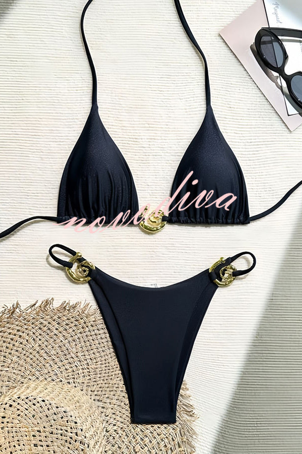 Sexy Halterneck Lace-up Metallic Stretch Two-piece Bikini Swimsuit