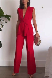 Keep It Classic V-neck Belted Vest and Mid Rise Pocket Wide Leg Pants Set