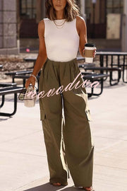 Great Week Pleated Elastic Waist Zipper Pocket Wide Leg Cargo Pants