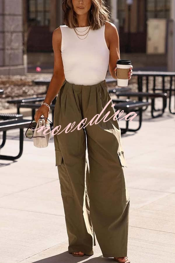 Great Week Pleated Elastic Waist Zipper Pocket Wide Leg Cargo Pants
