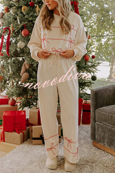 Candy Cane Cutie Loose Bow Tie Long-Sleeved Sweatshirt and Elastic Waist Pocket Pants Set